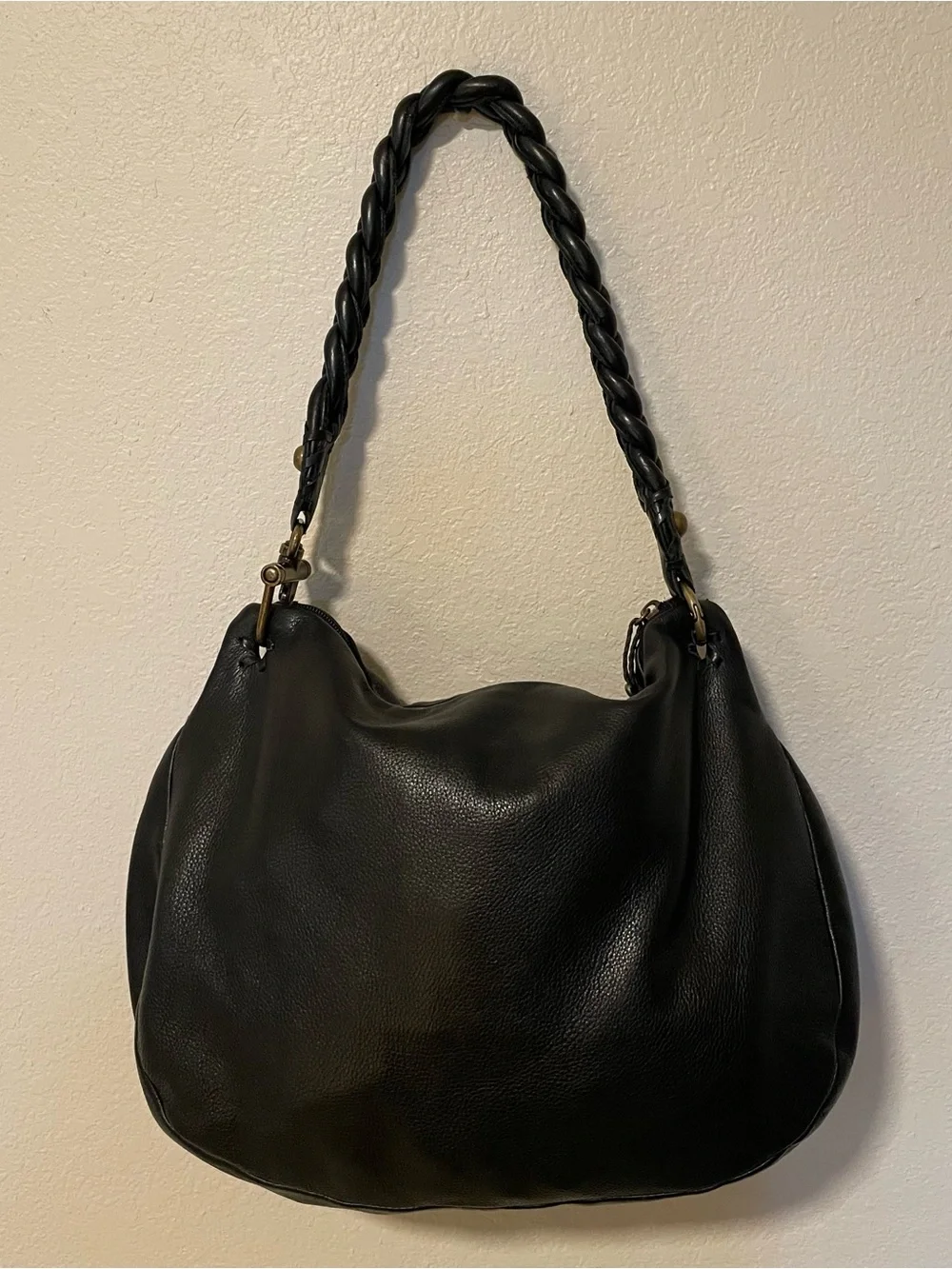Carla Mancini Handcrafted Black Leather Boho Shoulder Bag with Braided Strap